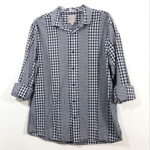 A-Frame patchwork plaid cotton button front shirt L